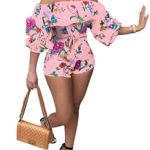 Sexy One Piece Floral Pink Romper Off Shoulder